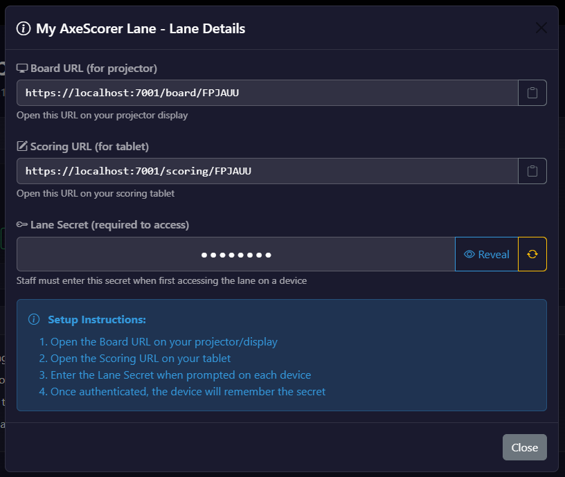 Lane details showing board and scoring URLs
